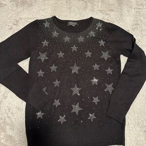 Christina Black Crewneck Sweater with Rhinestone Star Accents